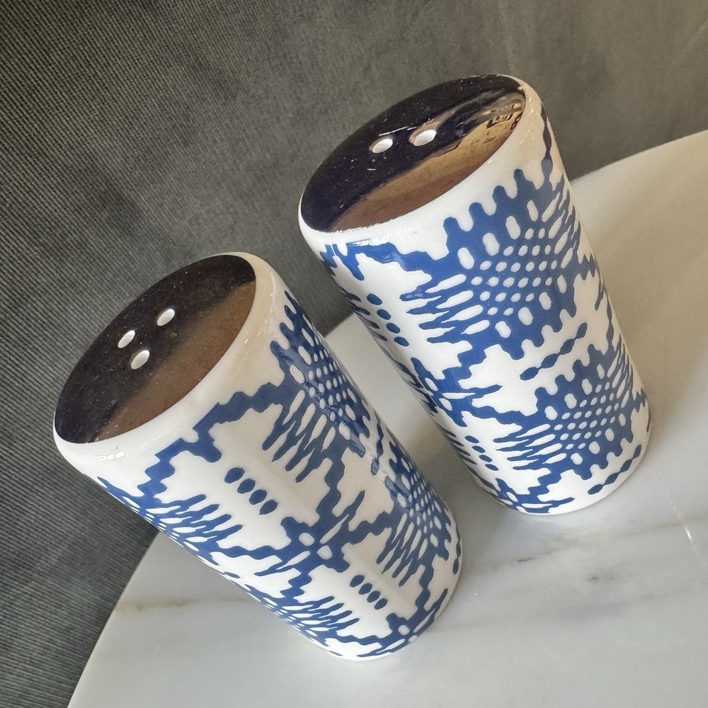 Salt and Pepper Shakers Blue & White Geometric Gold Top Ceramic Set Small